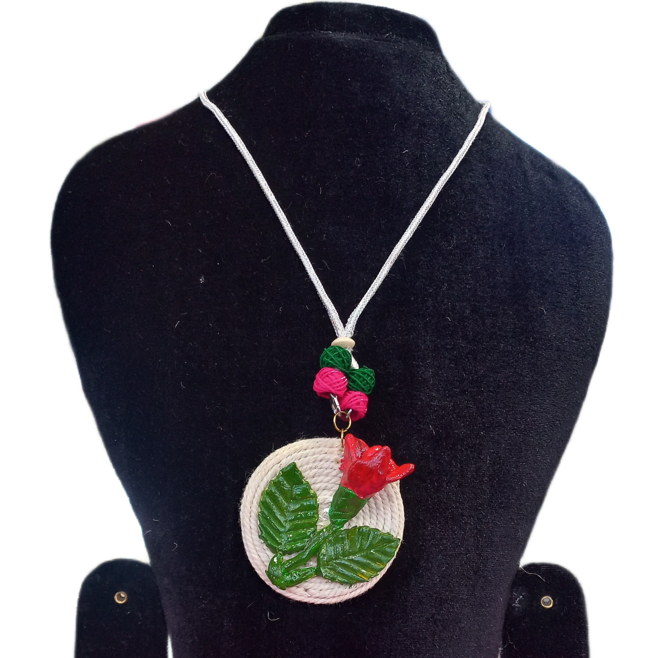 “Blossom Grace” – Artisan Red Flower Leaf Pendant Necklace