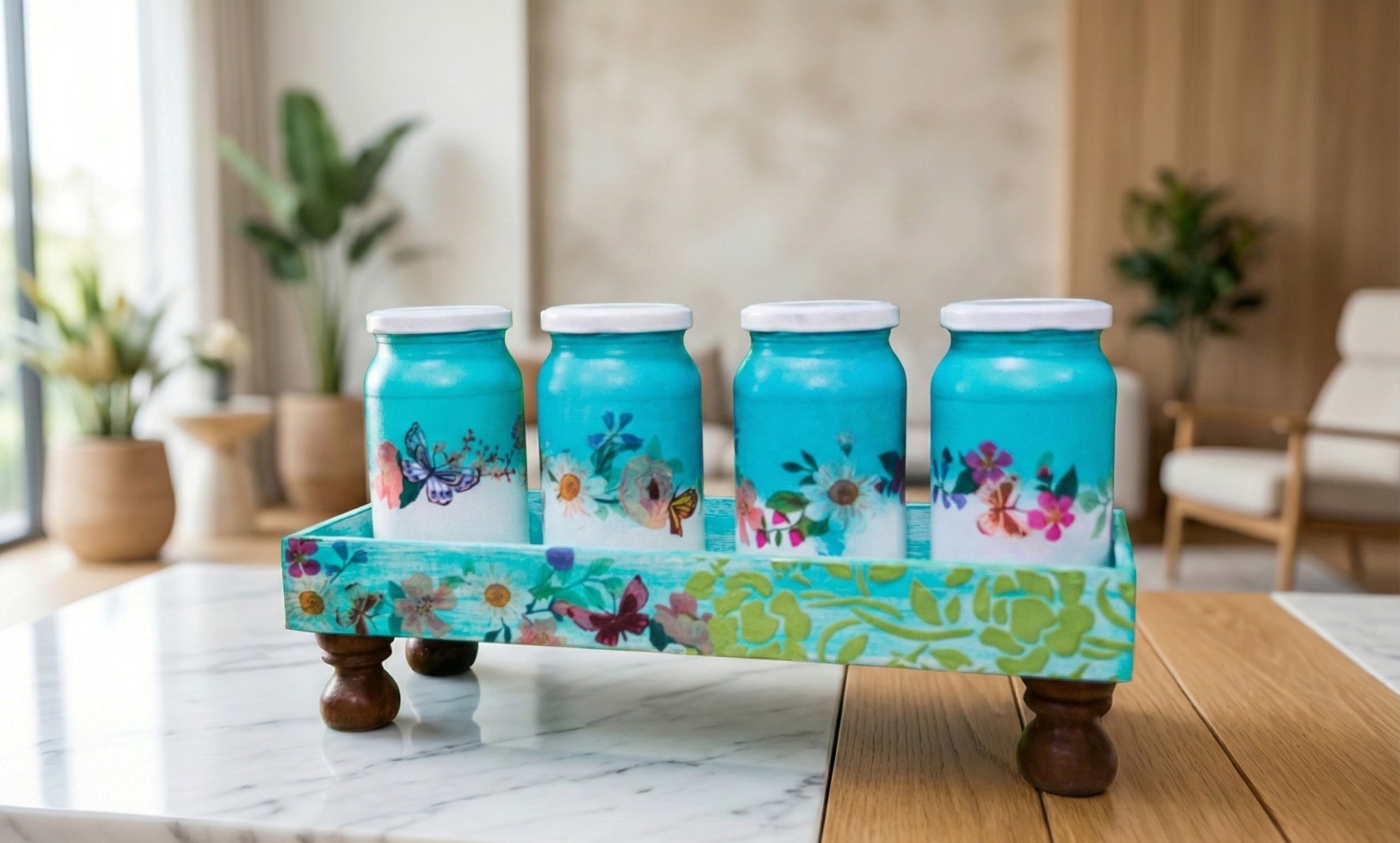 Hand-Painted Decorative Storage Jar Set with Wooden Display
