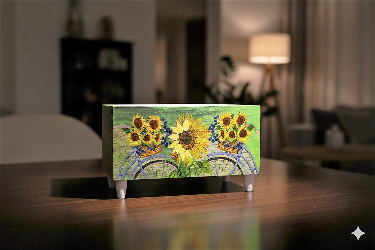 Hand-Painted Wooden Storage Organizer Box – Sunflower Bicycle Design