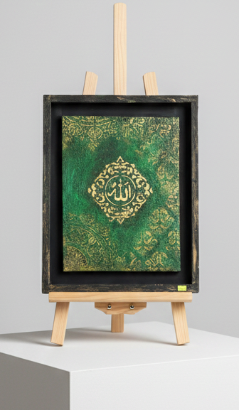 Islamic Wall Art – “Allah” Calligraphy Frame (Green & Gold Texture)