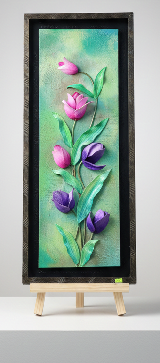 3D Embossed Floral Wall Art – Handmade Tulip & Leaf Texture Painting (Framed)