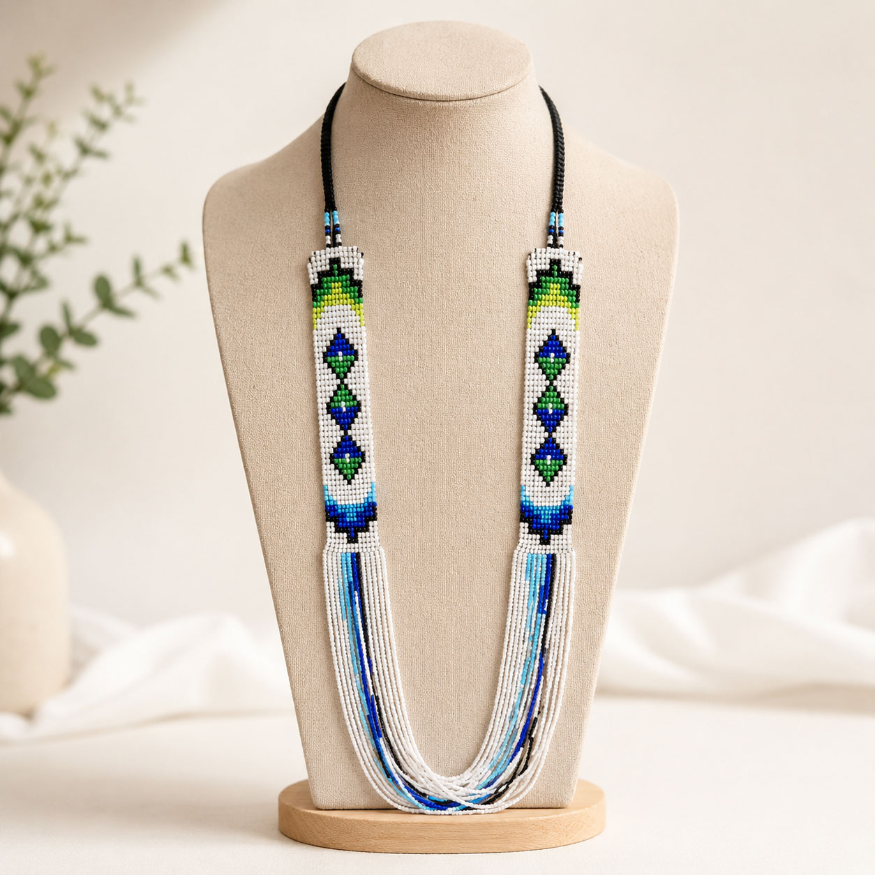 Handcrafted Blue & Green Geometric Multi-Strand Beaded Necklace