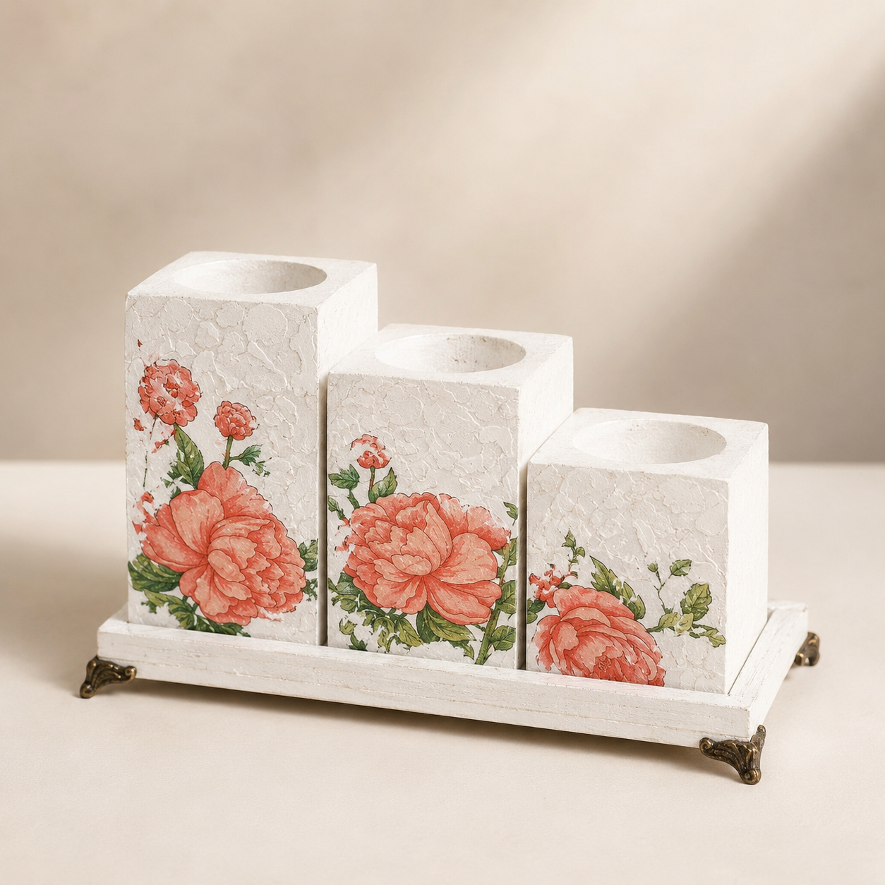 Handcrafted Floral Trio Candle Holder Set