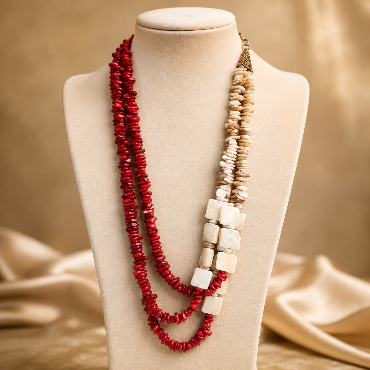 Handcrafted Crimson & Ivory Layered Bead Necklace