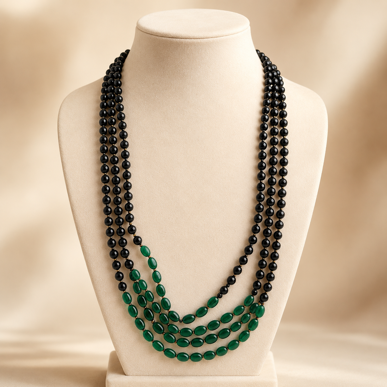 Handcrafted Emerald Green & Black Multi-Strand Beaded Necklace