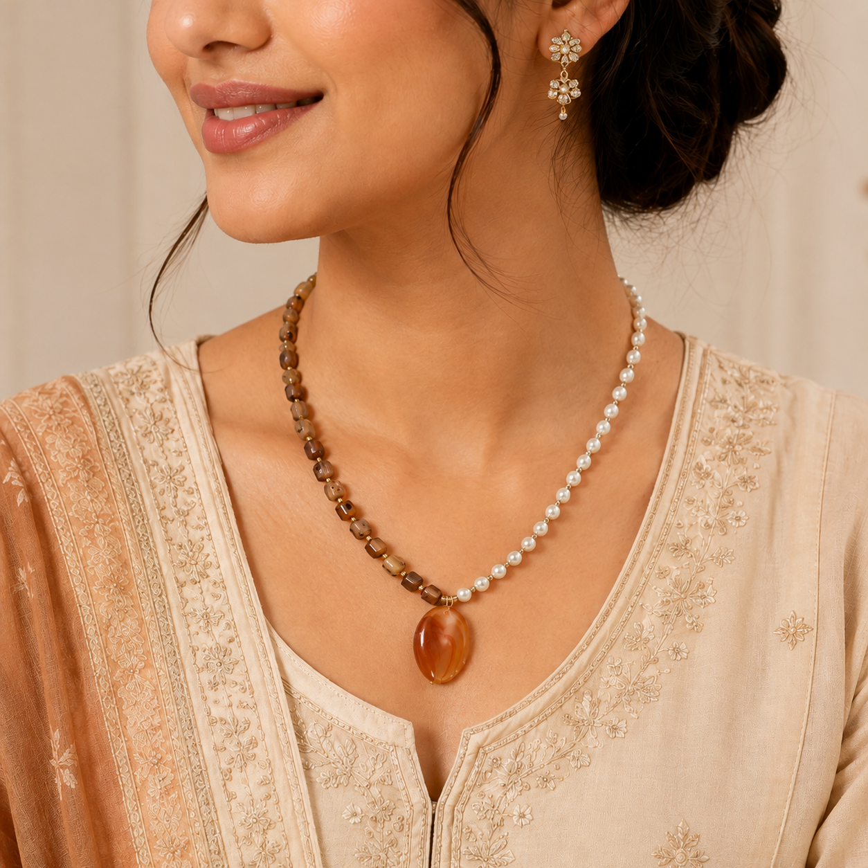 Handcrafted Amber Pendant & Pearl Asymmetrical Necklace