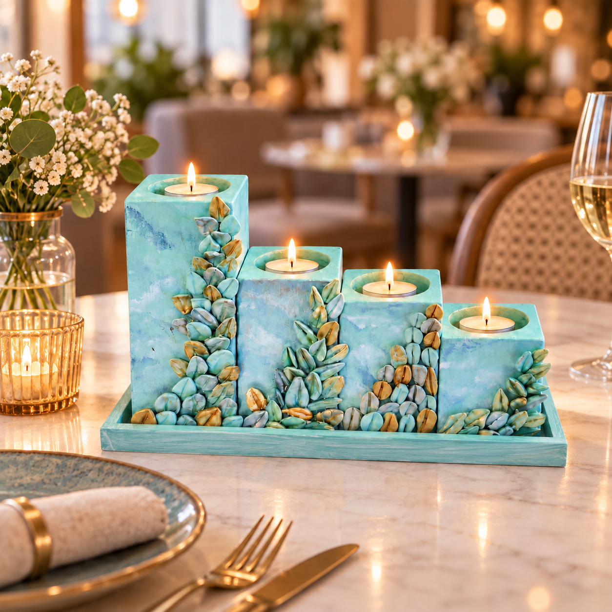 Handcrafted Aqua Pebble Cascade Tealight Holder Set