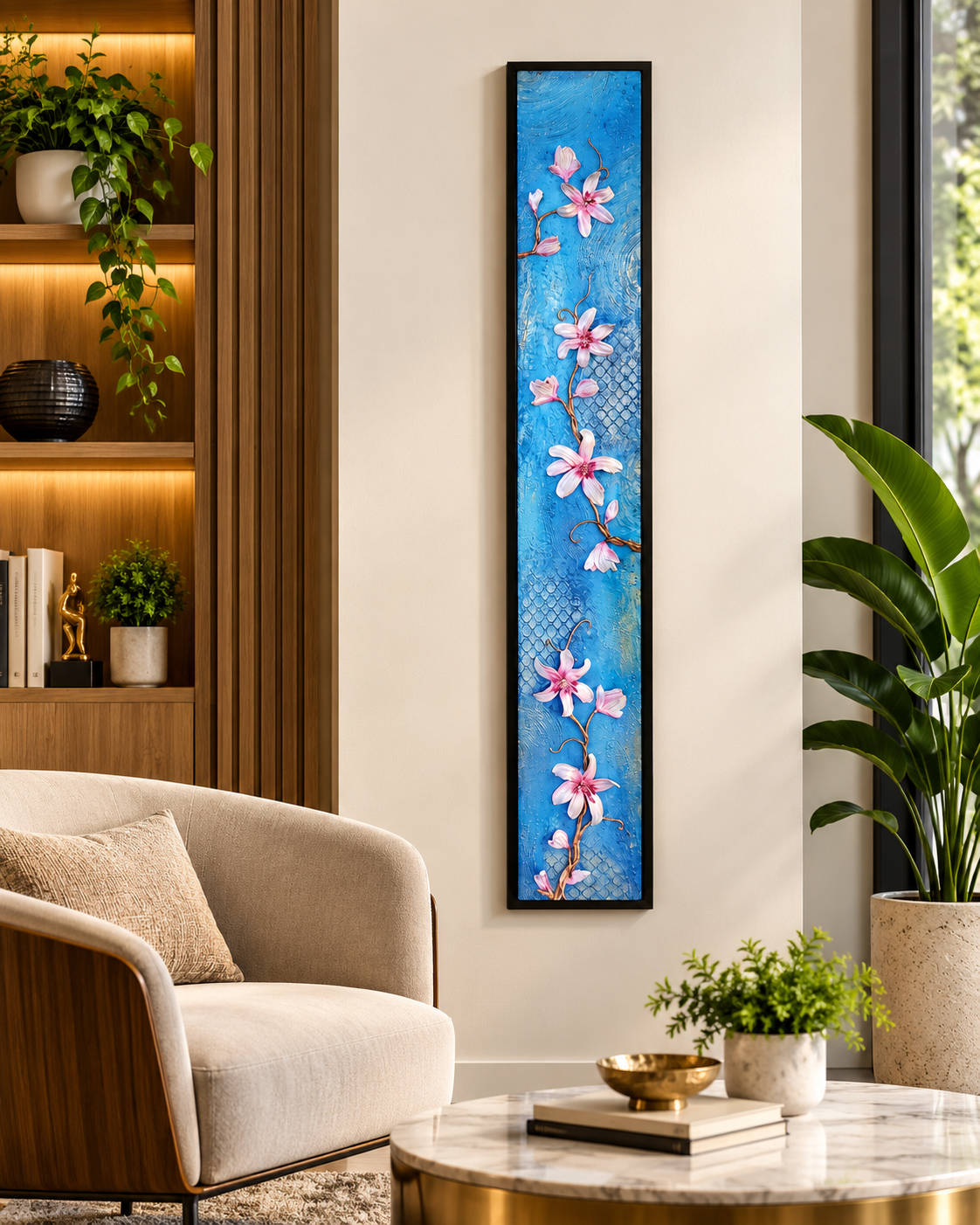 Azure Blossom Vine – Tall 3D Floral Relief Wall Art