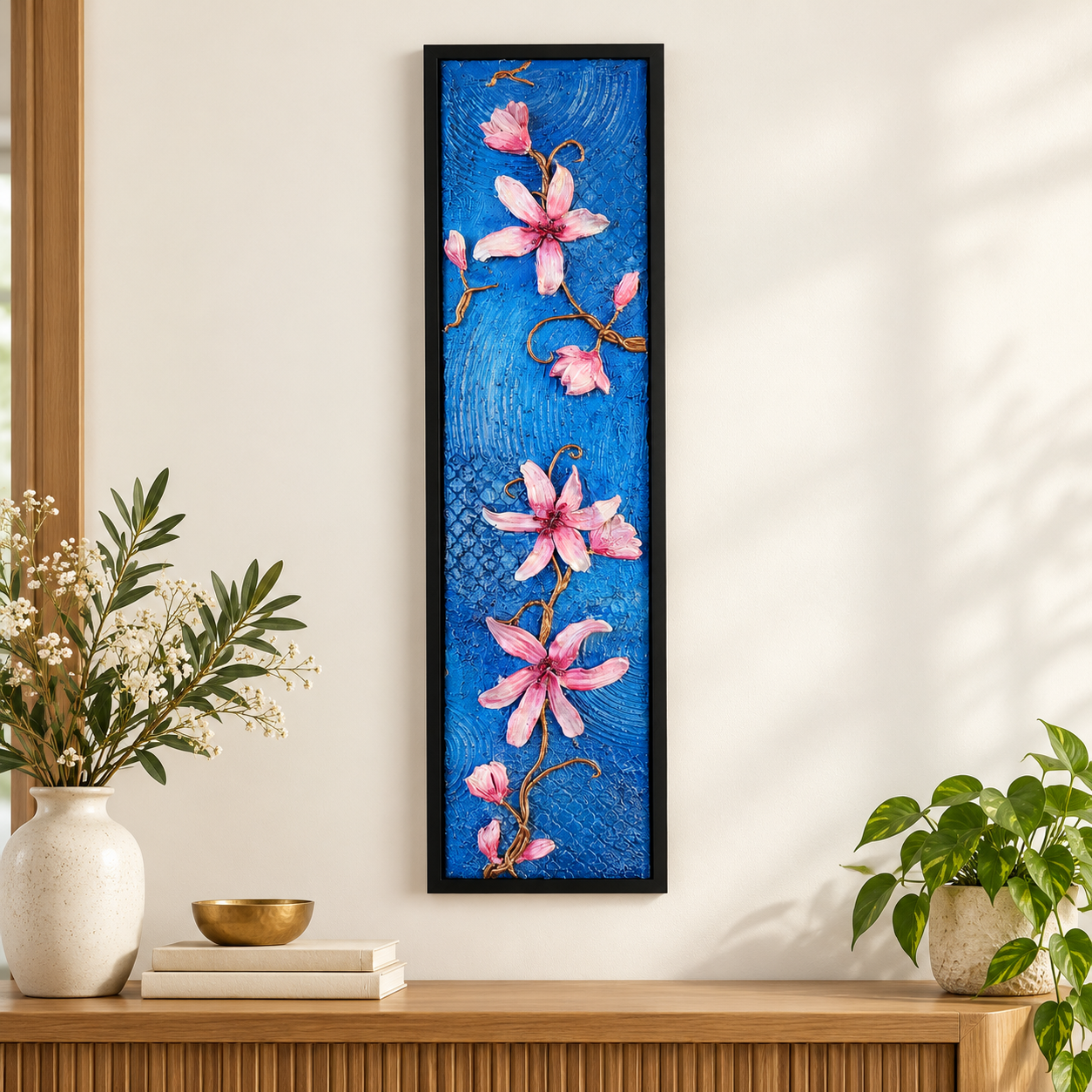Azure Blossom Vine – Tall 3D Floral Relief Wall Art (Small)